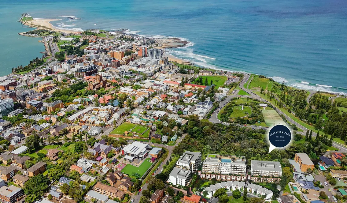 Aerial view of The Hill and Newcastle coastline with Sovereign Park location