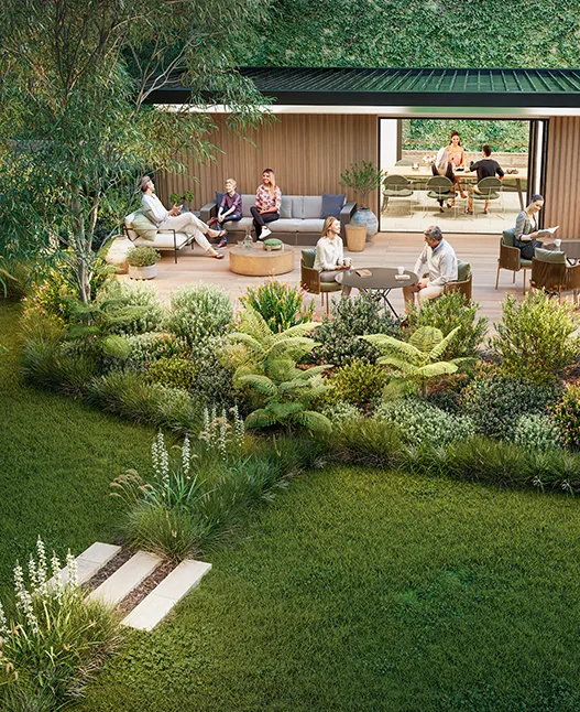 Residents relaxing in the landscaped Pavilion gardens at Sovereign Park
